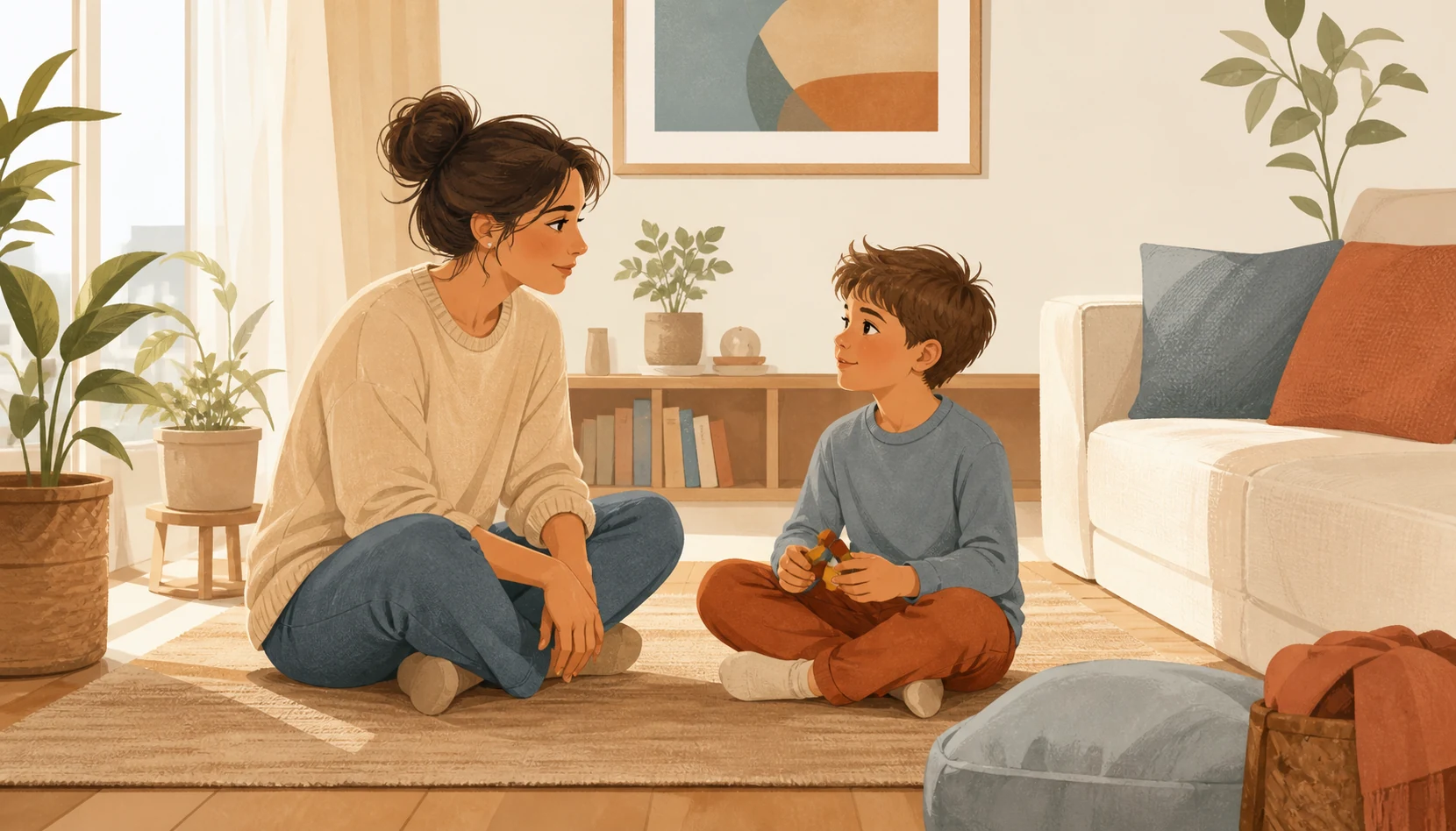 Illustrazione di un genitore che ascolta con calma un bambino durante un momento di dialogo in casa.